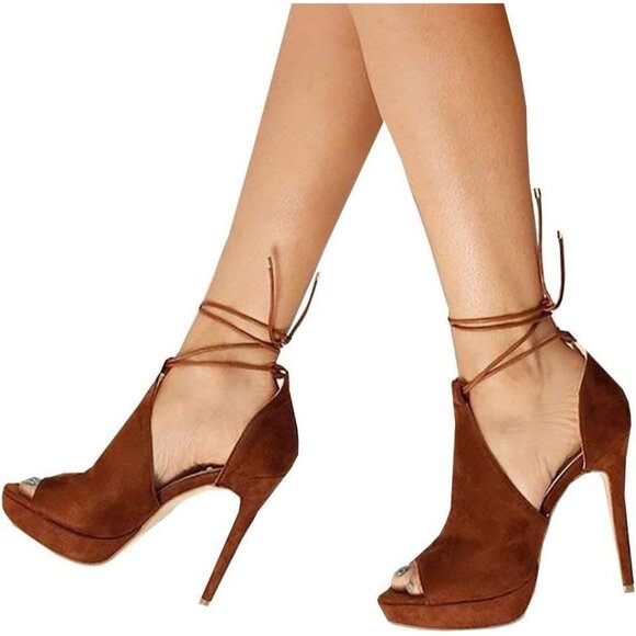 Womens Khaki Peep Toe Platform Stiletto Heels Lace-Up Strappy Dress Sandals - Picture 4 of 6